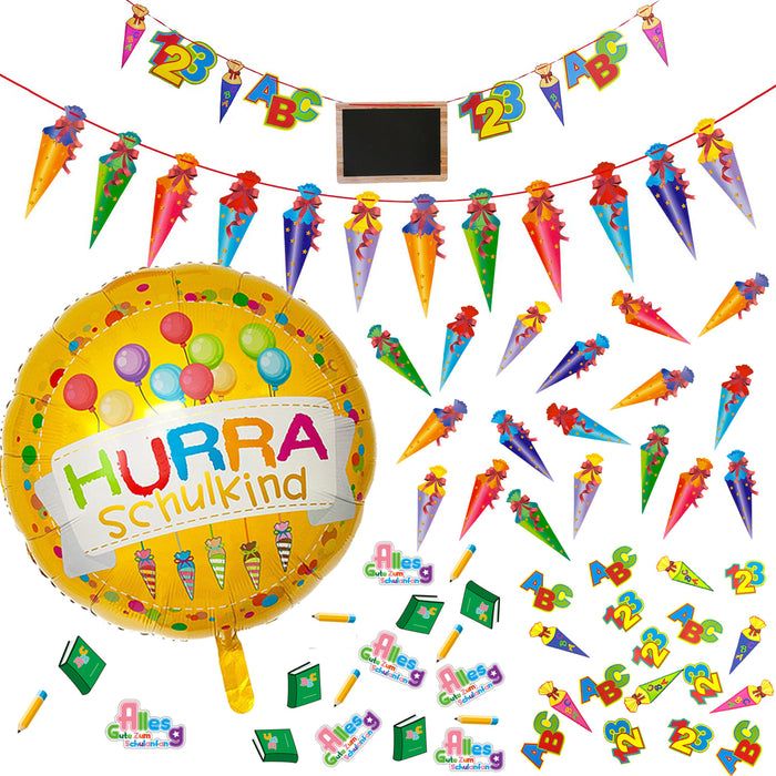Schuleinführung Schulanfang Einschulung Deko Set - Schulkind Folienballon + 2 Girlanden + 3 Konfetti Sets