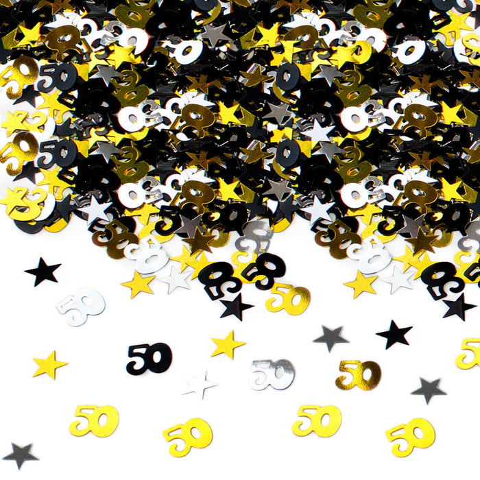Konfetti Set 50. Geburtstag Jubiläum über 2500 Stück Zahl 50 + Sterne als Tisch Deko Streudeko - gold silber schwarz