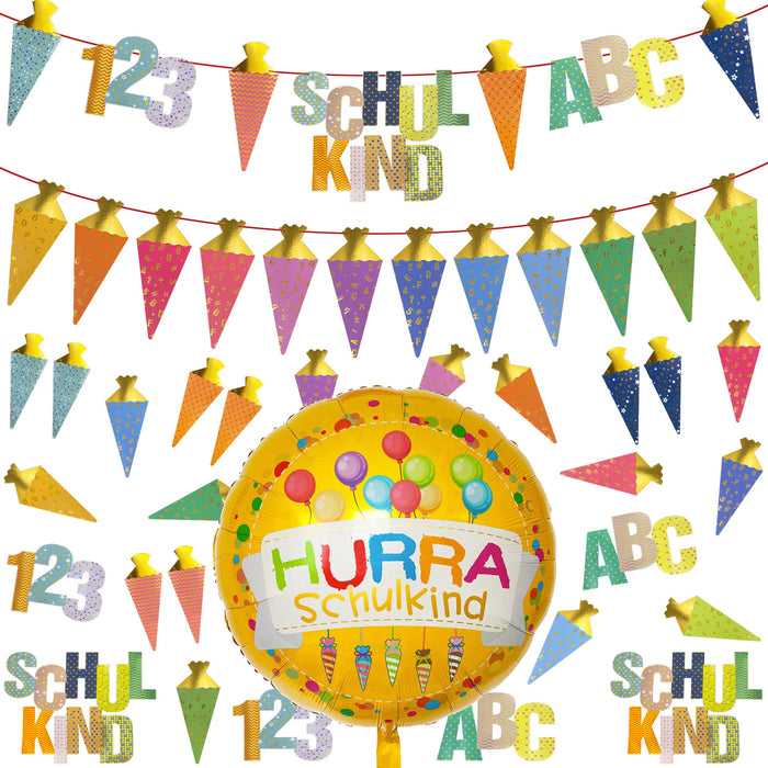 Schuleinführung Schulanfang Einschulung Deko Set - Folienballon + 2 Girlanden + 2 Konfetti Sets