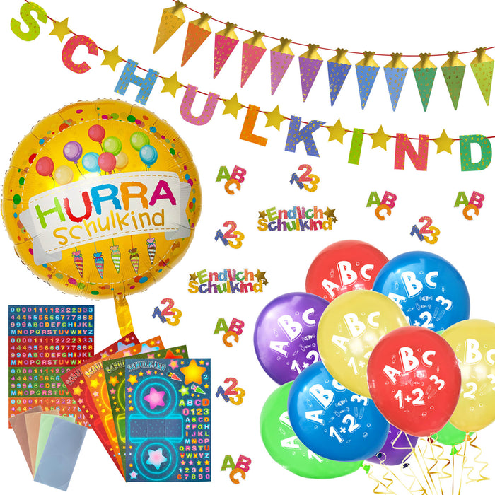 Schuleinführung Schulanfang Einschulung Deko Set - Girlanden + Teelichter + Konfetti + Luftballons