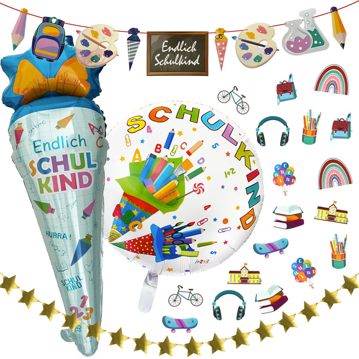 Schuleinführung Schulanfang Einschulung Deko Set - Endlich Schulkind & Stern Girlande + Zuckertüten Folienballon + Schulkind Ballon + Konfetti Set