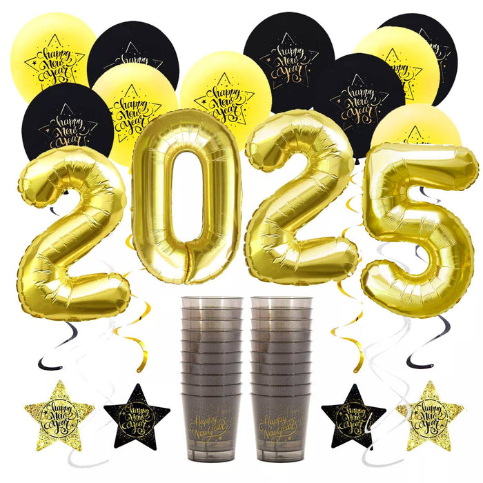 Happy New Year Silvester Neujahr Party Feier Deko Set 2025 - Luftballons Girlanden Trinkbecher