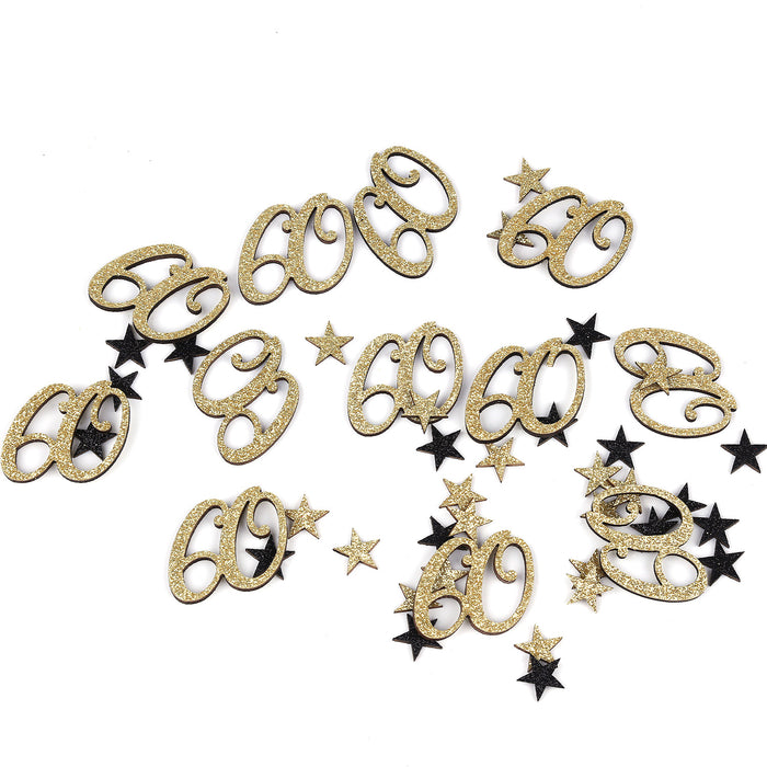 Konfetti Zahl 60 Geburtstag + Sterne aus Holz Streudeko Streuteile Deko 13g - gold schwarz