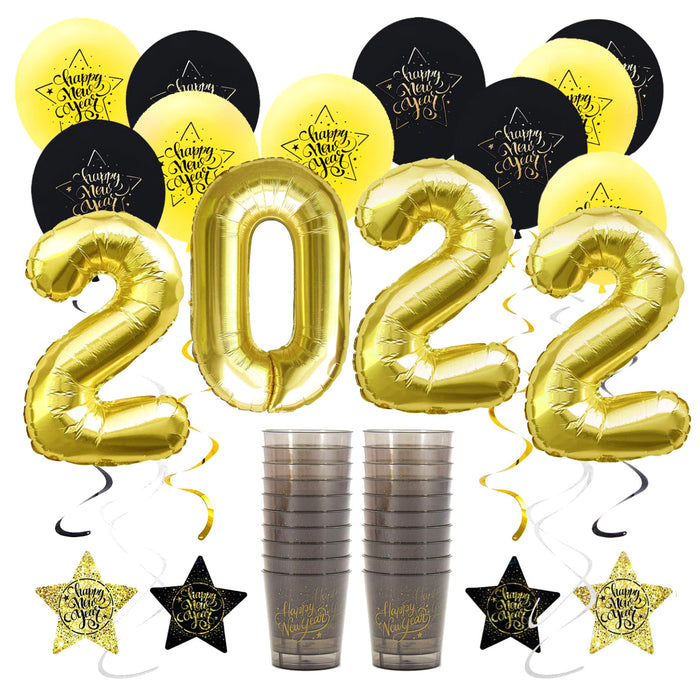 Happy New Year Silvester Neujahr Party Feier Deko Set 2022 - Luftballons Girlanden Trinkbecher