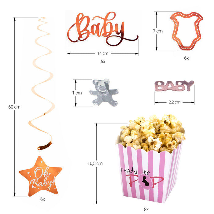 Baby Shower Party Deko Set für Mädchen - OH Baby! Spiral Deckenhänger + 2x Baby Konfetti Sets + Popcorn Schachteln