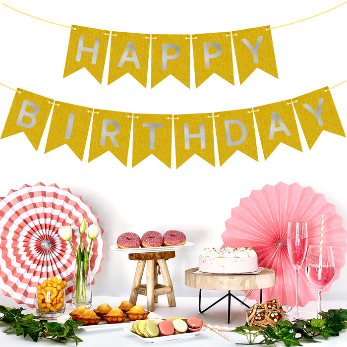 Happy Birthday Girlande für Kinder Geburtstag Deko Mädchen Jungs Party Banner Dekoration - gold-silber