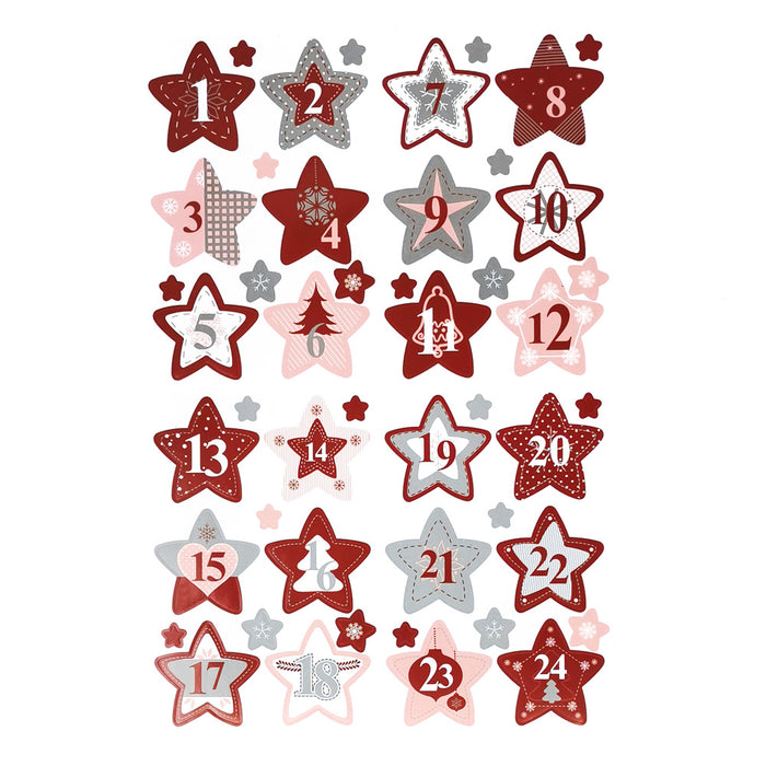 24 Adventskalender Sticker Zahlen Aufkleber Weihnachten Basteln Weihnachtsdeko - Stern Form rot