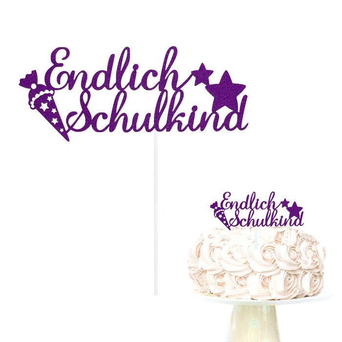 Endlich Schulkind Torten Topper Glitzernd lila für Schuleinführung Einschulung Schulanfang Mädchen Kuchendeckel