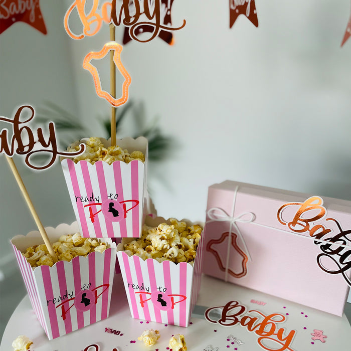 Baby Shower Party Deko Set für Mädchen - OH Baby! Spiral Deckenhänger + 2x Baby Konfetti Sets + Popcorn Schachteln