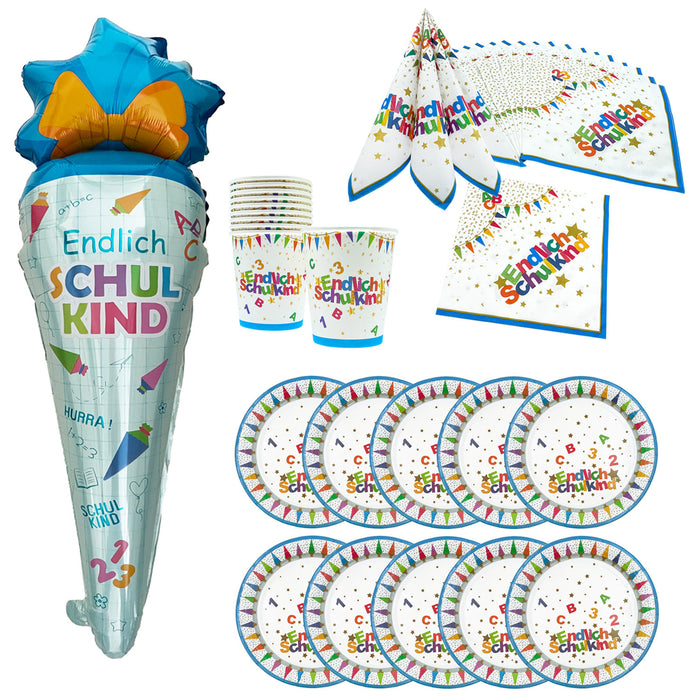 Schuleinführung Einschulung Deko Set - Folienballon Zuckertüte + 20 Servietten + 10 Pappteller + 10 Pappbecher