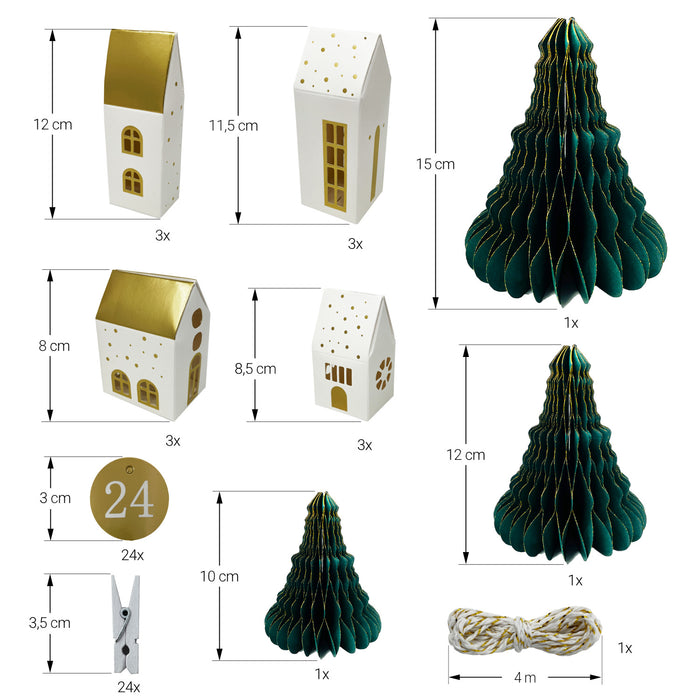 DIY Adventskalender Set - 12 Häuschen Schachteln + 3 3D Tannenbäume + 24 Zahlen + 24 Klammern Weihnachtsdeko