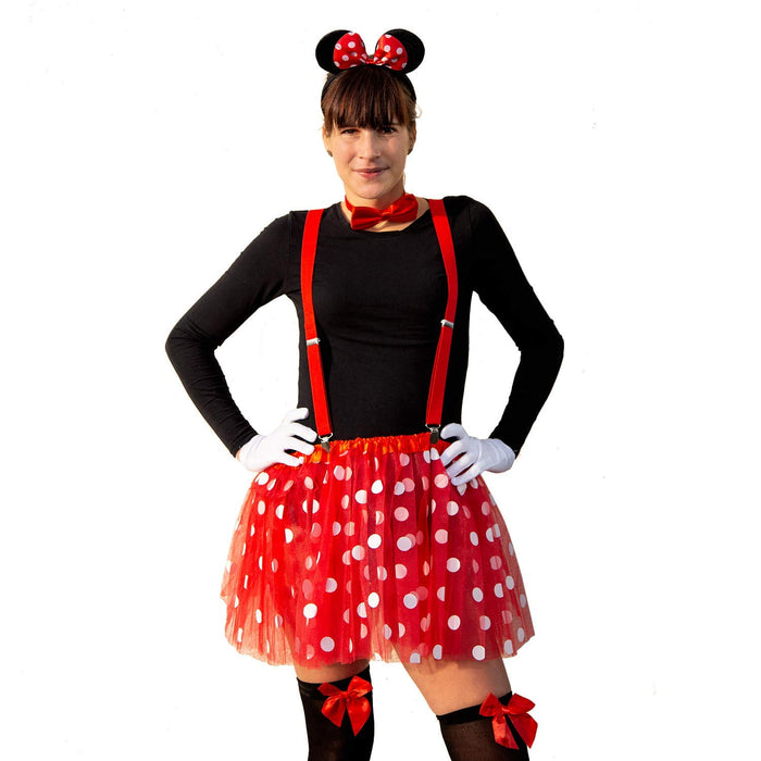 Damen Maus Mouse Kostüm Accessoire Set - Tutu + Haarreifen mit Maus Ohren + Handschuhe + Overknee Strümpfe