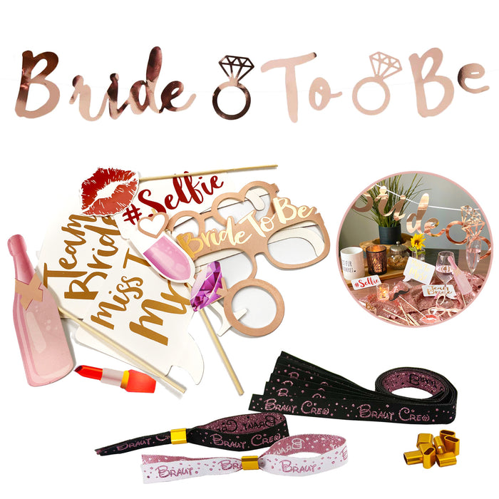 JGA Hochzeit Accessoire Set - Bride to Be Girlande + Braut und Braut Crew Armbänder + Fotorequisiten