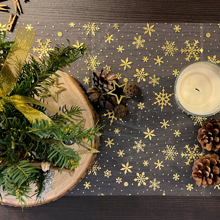 Tischläufer Schneekristalle Tischband gold metallisch Läufer Tischdeko für Weihnachten Silvester Deko