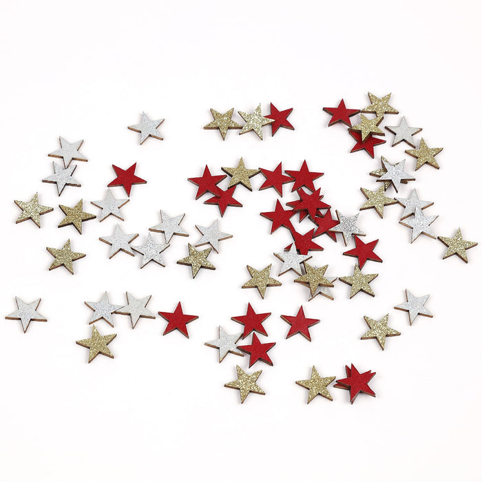 Holz Sterne Deko Set Holzdeko Konfetti Weihnachtsdeko Tischdeko Streudeko für Weihnachten - rot gold weiß