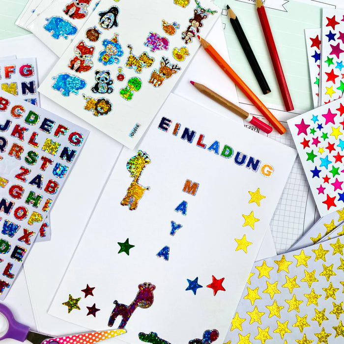 700x Buchstaben Sticker Alphabet ABC Aufkleber Holo Effekt für Schuleinführung zum Basteln - bunt