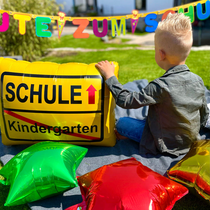 Schuleinführung Schulanfang Einschulung Deko Set - Alles Gute zum Schulanfang Girlande + Schule und Stern Luftballons