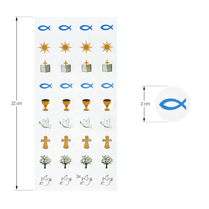 108 Sticker Mix Fisch Kreuz Kelch Taube Lebensbaum Aufkleber Set für Taufe Kommunion Konfirmation Deko