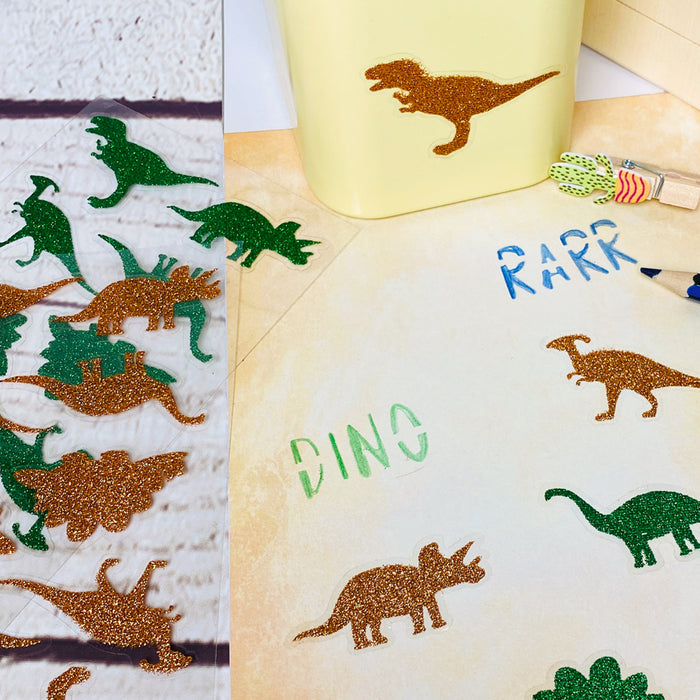 20 Dino Sticker Glitzer Dinosaurier Aufkleber zum Basteln Spielen Scrapbooking Dekorieren - grün