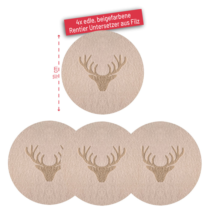 Filzuntersetzer Rentier Hirsch Rund 10 cm 4er Pack - Getränke Untersetzer als Tisch Dekoration für Weihnachten uvm. - beige