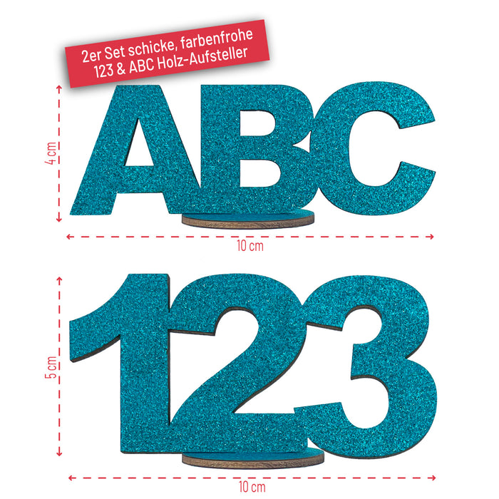 123 ABC Aufsteller Holz Tischdeko für Schuleinführung Einschulung Deko Junge Mädchen - türkis