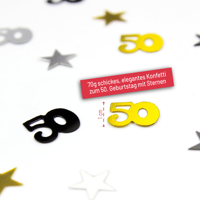 Konfetti Set 50. Geburtstag Jubiläum über 2500 Stück Zahl 50 + Sterne als Tisch Deko Streudeko - gold silber schwarz
