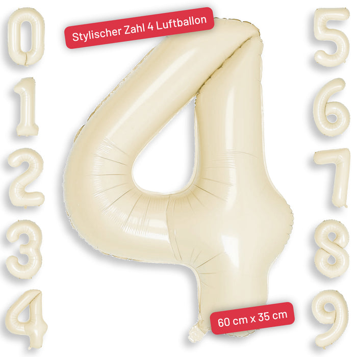 1x Folien Luftballon mit Zahl 4 für Geburtstag Jubiläum Party Deko Ballon - creme