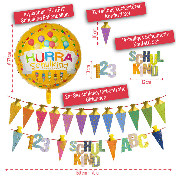 Schuleinführung Schulanfang Einschulung Deko Set - Folienballon + 2 Girlanden + 2 Konfetti Sets