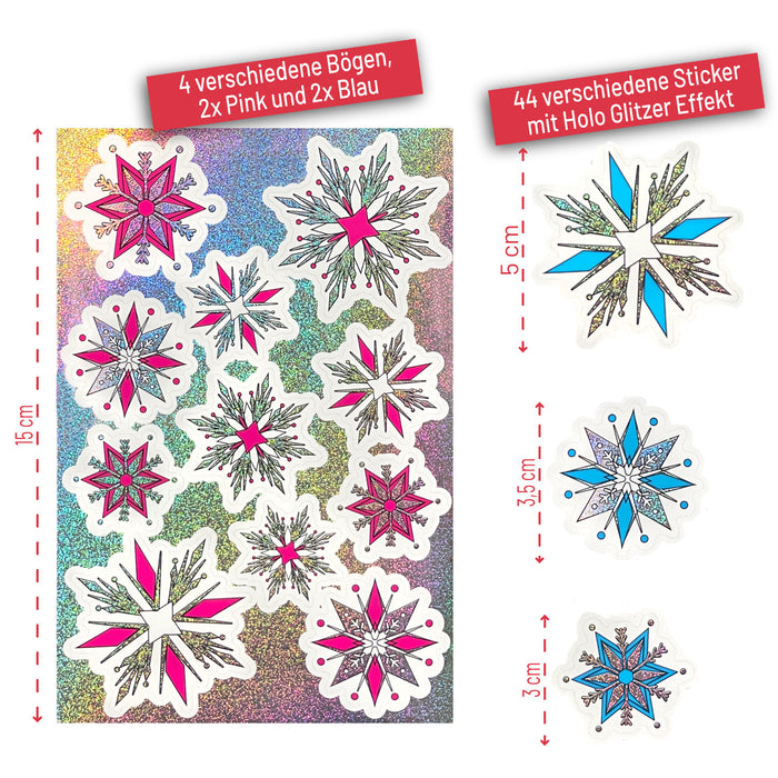 44 Schneeflocken Schnee Sticker Weihnachten Aufkleber mit Holo Effekt Weihnachtsdeko - pink blau