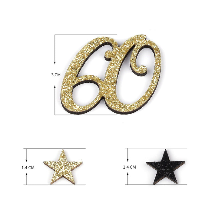 Konfetti Zahl 60 Geburtstag + Sterne aus Holz Streudeko Streuteile Deko 13g - gold schwarz