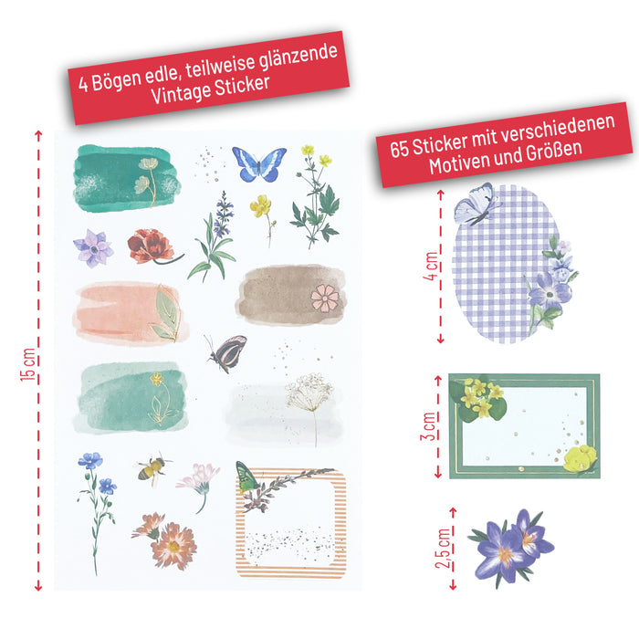 65 Vintage Sticker Blumen Schmetterlinge Namen Aufkleber zum Basteln Scrapbooking Dekoration Verzierung