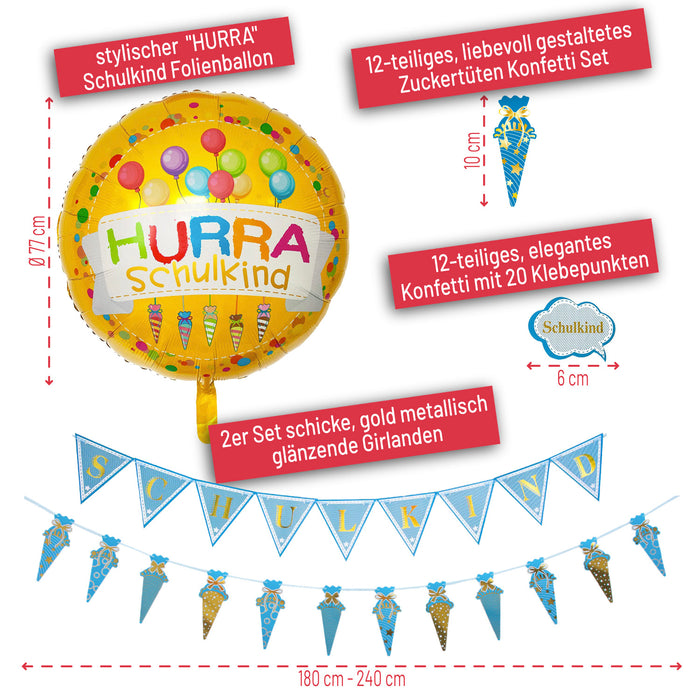 Schuleinführung Schulanfang Einschulung Deko Set - Schulkind Folienballon + 2 Girlanden + 2 Konfetti Sets