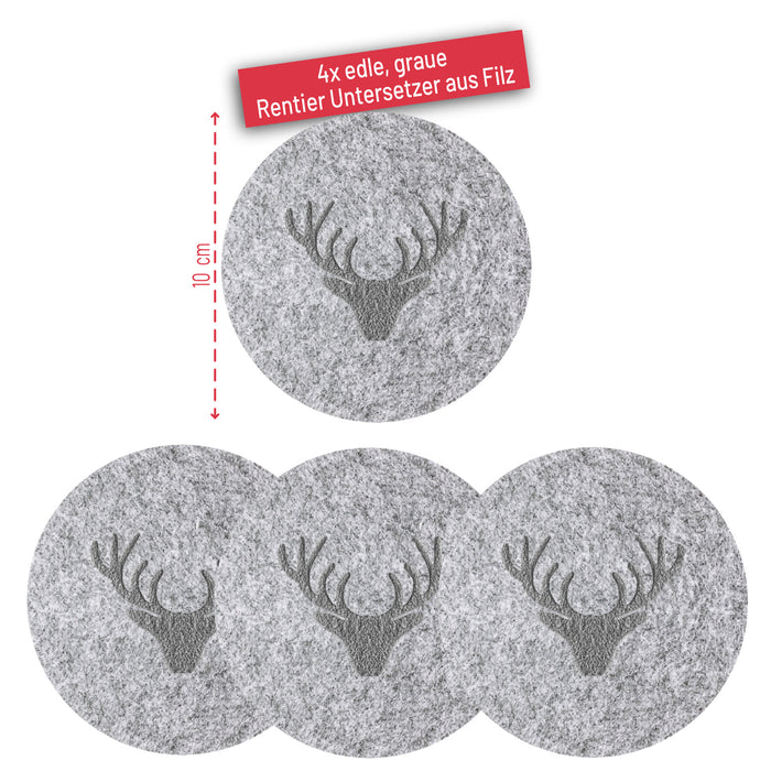 Filzuntersetzer Rentier Hirsch Rund 10 cm 4er Pack - Getränke Untersetzer als Tisch Dekoration für Weihnachten uvm. - grau