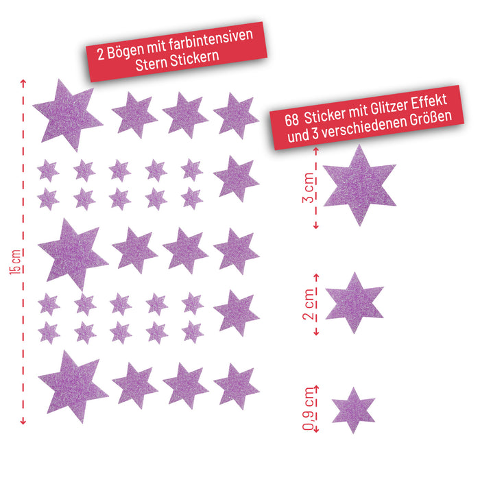 68 Sterne Sticker Aufkleber Glitzernd für Weihnachten Weihnachtsdeko Weihnachtssterne - helllila