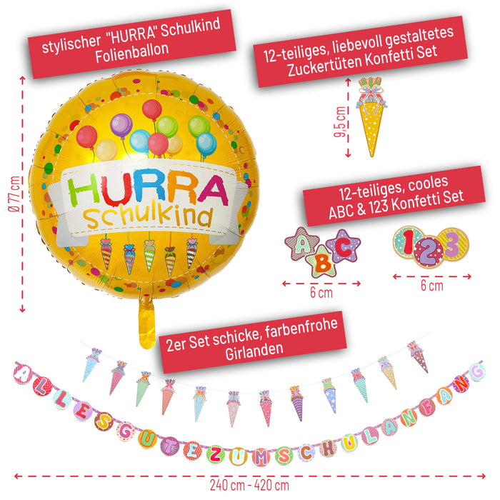 Schuleinführung Schulanfang Einschulung Deko Set - Schulkind Folienballon + 2 Girlanden + Zuckertüten Konfetti + 123 ABC Konfetti