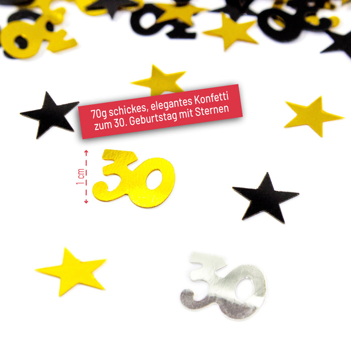 Konfetti Set 30. Geburtstag Jubiläum über 2500 Stück Zahl 30 + Sterne als Tisch Deko Streudeko - gold silber schwarz