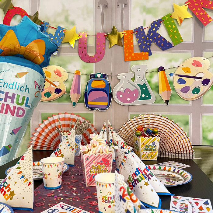 Schuleinführung Schulanfang Einschulung Deko Set - Folienballons + Girlanden + Servietten + Becher + Teller + Luftballons + Konfetti