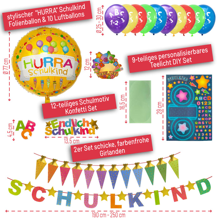 Schuleinführung Schulanfang Einschulung Deko Set - Girlanden + Teelichter + Konfetti + Luftballons