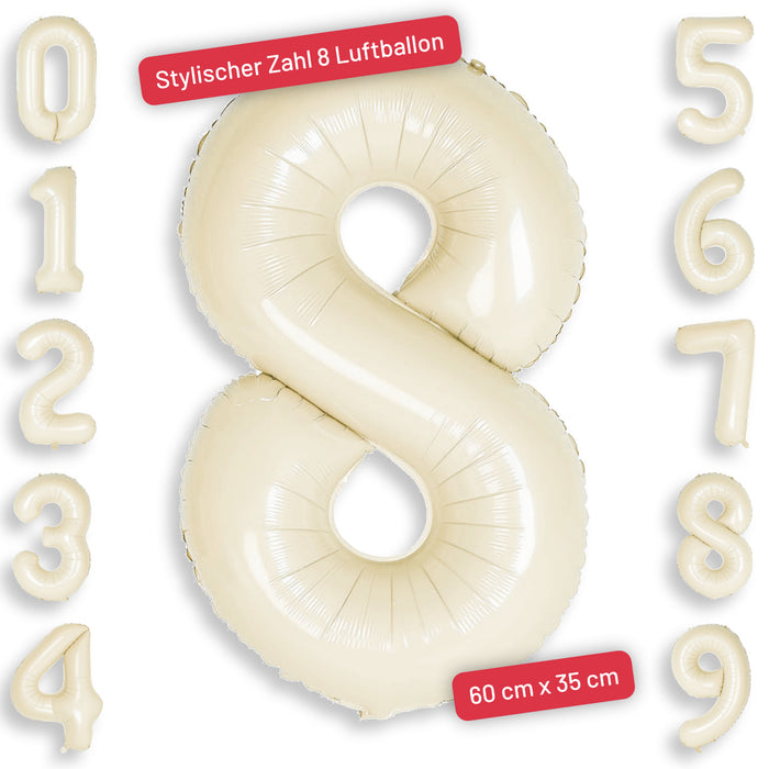 1x Folien Luftballon mit Zahl 8 für Geburtstag Jubiläum Party Deko Ballon - creme
