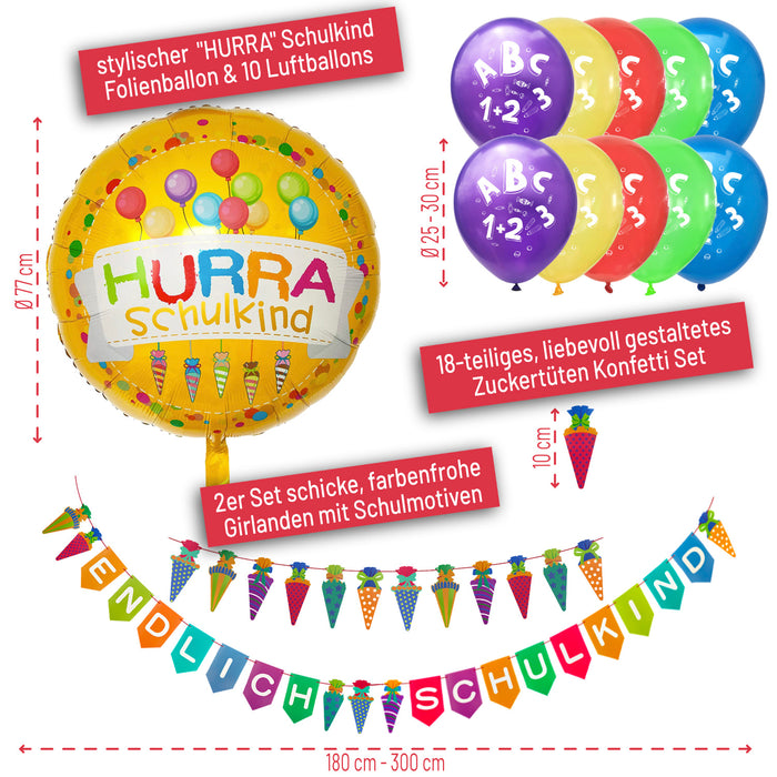 Schuleinführung Schulanfang Einschulung Deko Set - Schulkind Folienballon + ABC 123 Luftballons + 2 Girlanden + Konfetti Set