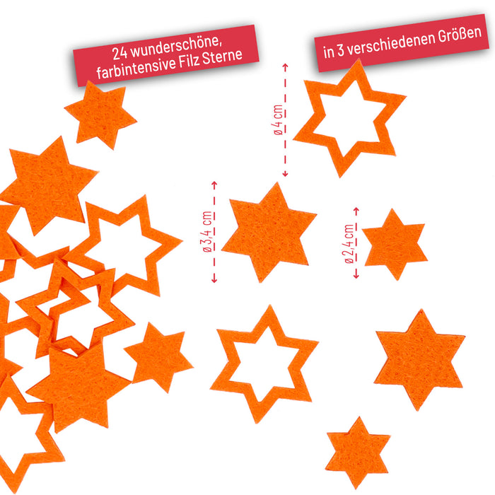 24 Filz Sterne Weihnachtsdeko Tischdeko für Weihnachten 3 Motive - orange