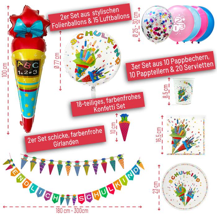 Schuleinführung Schulanfang Einschulung Deko Set - 2 Folienballons + 2 Girlanden + Konfetti Set + 10 Pappteller + 10 Pappbecher + 20 Servietten + 15 Luftballons