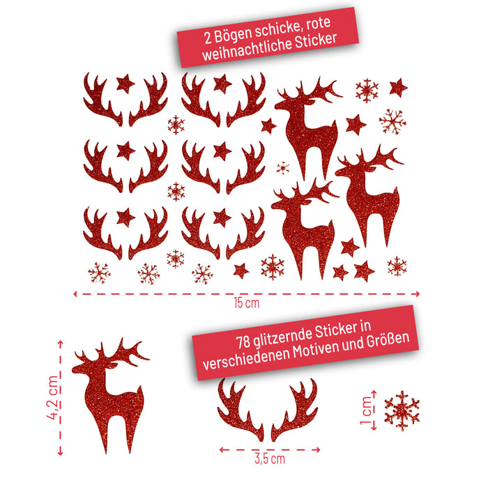 78 Weihnachts Sticker Xmas Glitzer Aufkleber für Weinachten Rentier uvm. Weihnachtsdeko - rot