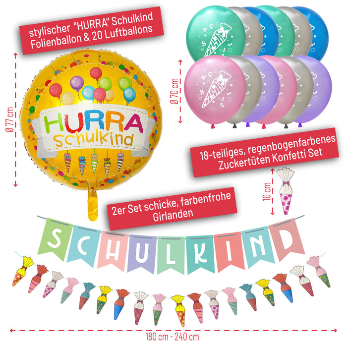 Schuleinführung Schulanfang Einschulung Deko Set - Schulkind Folienballon + 2 Girlanden + Zuckertüten Konfetti + 20 Luftballons