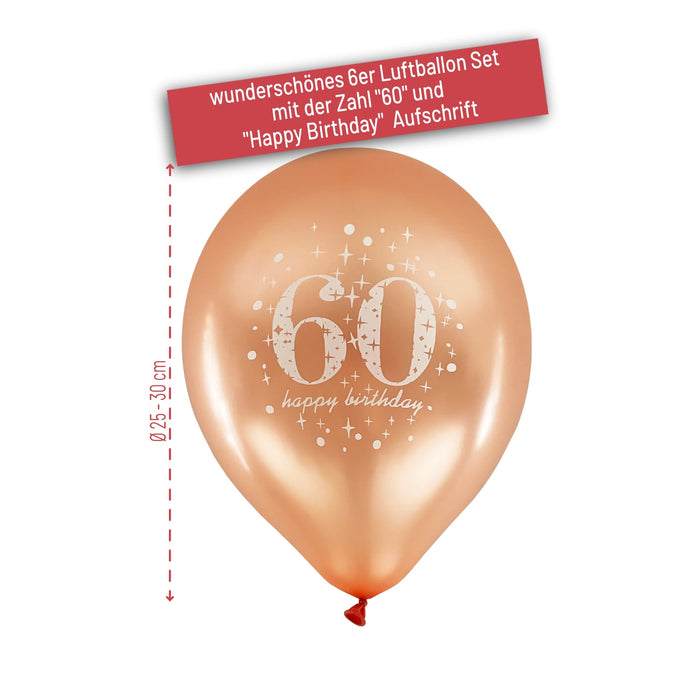 Luftballons Set 60. Geburtstag in Roségold – 6 Ballons mit „60“ & „Happy Birthday“, 25-30 cm – Perfekte Deko für Party, Feier & Hängedeko