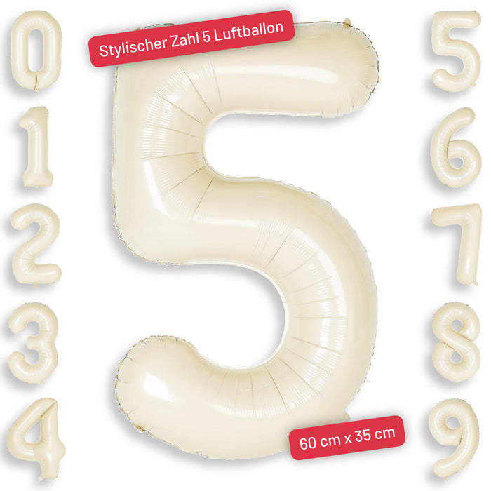 1x Folien Luftballon mit Zahl 5 für Geburtstag Jubiläum Party Deko Ballon - creme