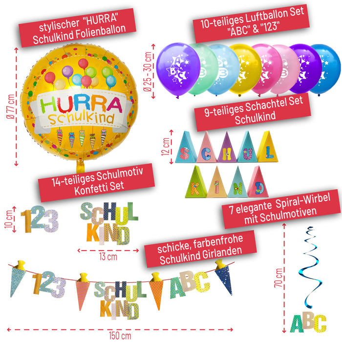 Schuleinführung Schulanfang Einschulung Deko Set - Girlanden + Konfetti + Luftballons + Deko Schachteln