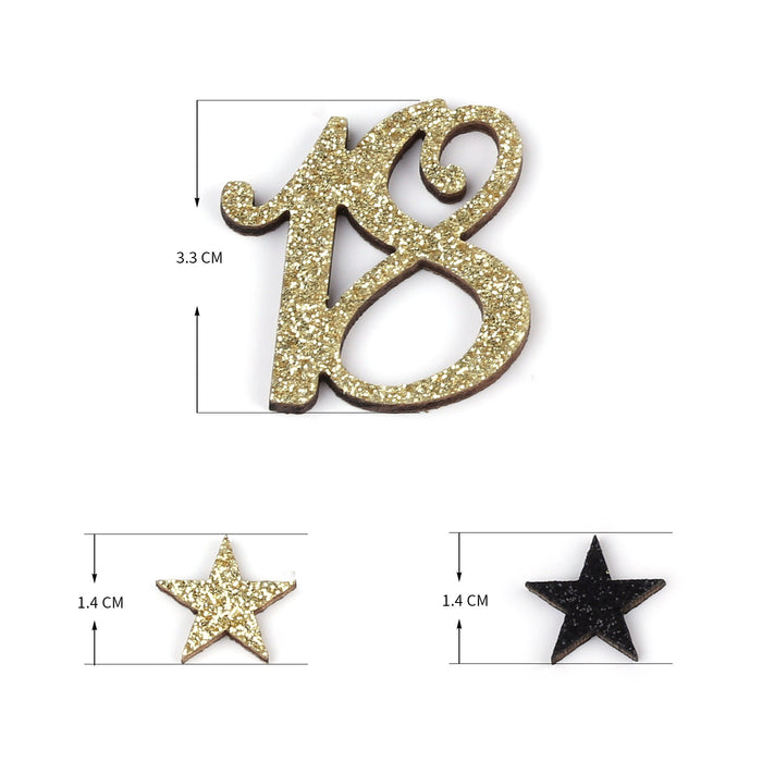Konfetti Zahl 18 Geburtstag + Sterne aus Holz Streudeko Streuteile Deko 13g - gold schwarz