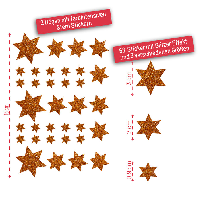 68 Sterne Sticker Aufkleber Glitzernd für Weihnachten Weihnachtsdeko Weihnachtssterne - bronze