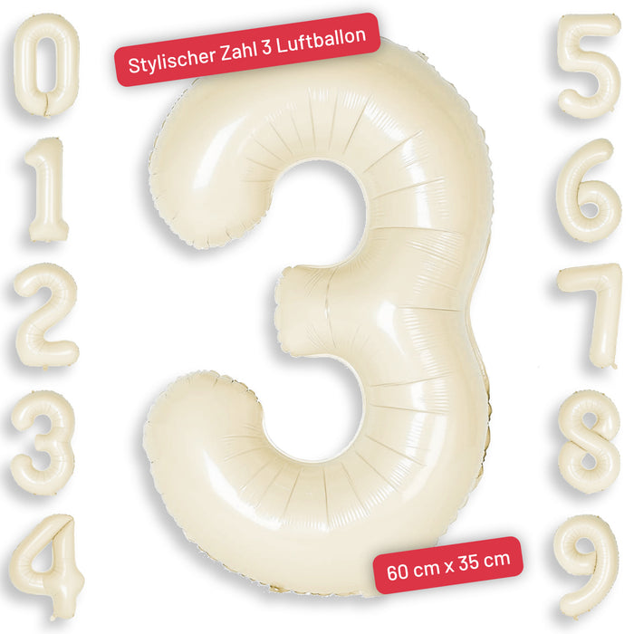 1x Folien Luftballon mit Zahl 3 für Geburtstag Jubiläum Party Deko Ballon - creme
